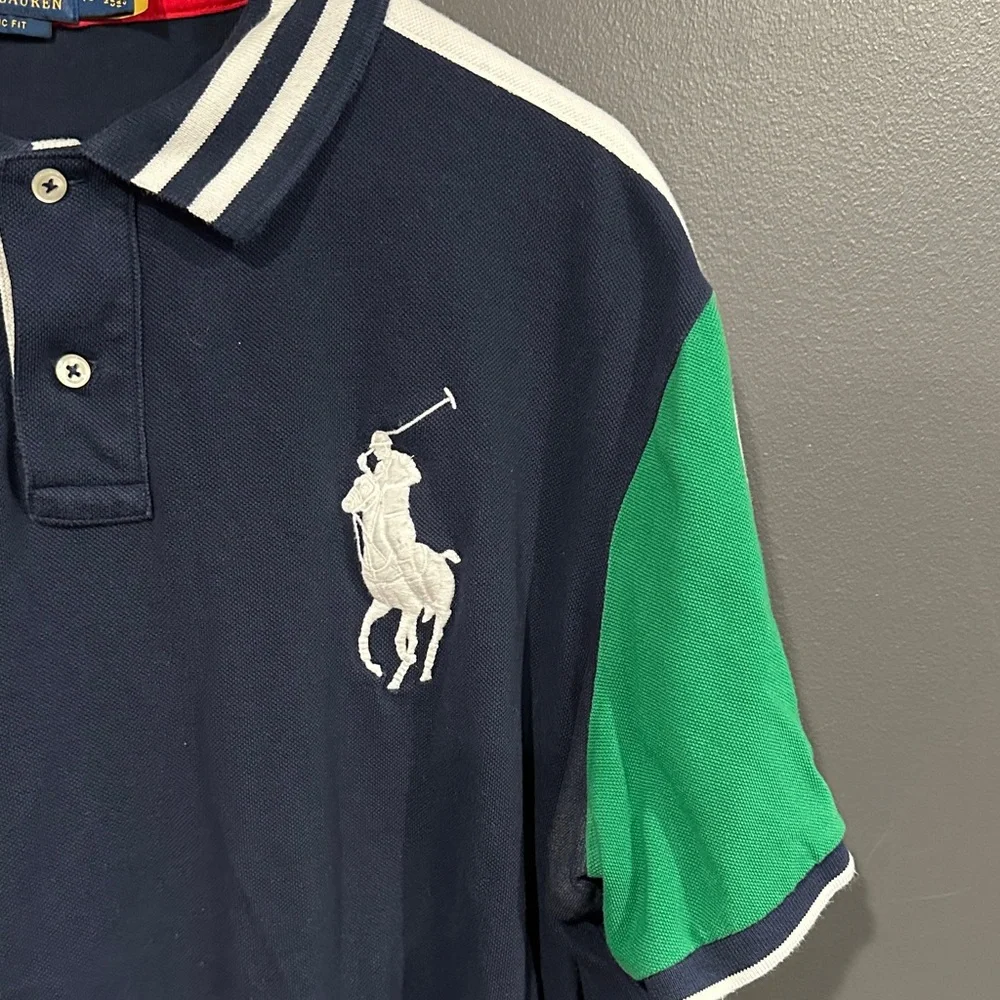Polo by Ralph Lauren Navy Polo with Green Sleeve Panels and White Trim